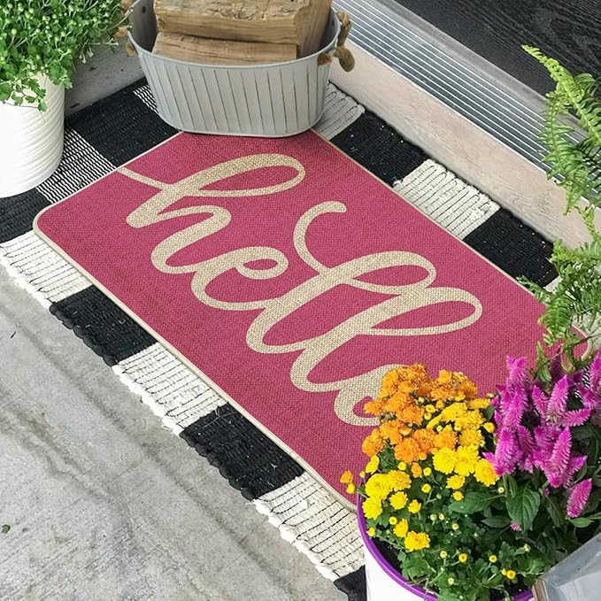 Artoid Mode Pink Hello Spring Doormat, Summer Home Decor Low-Profile Switch Rug Door Mat Floor Mat for Indoor Outdoor 17x29 Inch