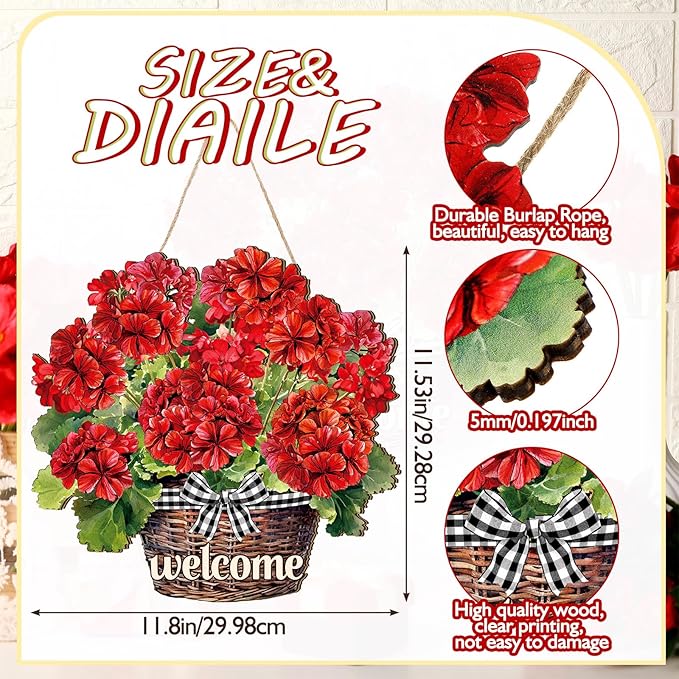 Yookeer Summer Red Geranium Door Sign Welcome Summer Geranium Flower Sign Wood Wall Decor Rustic Hanging Doors Signs Farmhouse Wooden Hanging Plaque for Home Front Door Garden Porch Patio