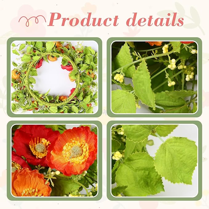 YNYLCHMX 18" Spring Summer Wreaths for Front Door, Artificial Floral Wreath with Poppy Flowers Green Tea Leaves, Green Foliage Wreath for Wall Window Farmhouse Party Holiday Home Decor