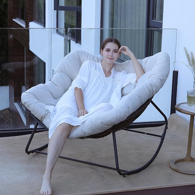 Rocking Papasan Chair, Oversized Outdoor Rocking Chair Rattan Rocking Chair with Deep Seat Thick Cushion, Patio Rocking Chair for Indoor/Porch/Garden (Beige & Black)