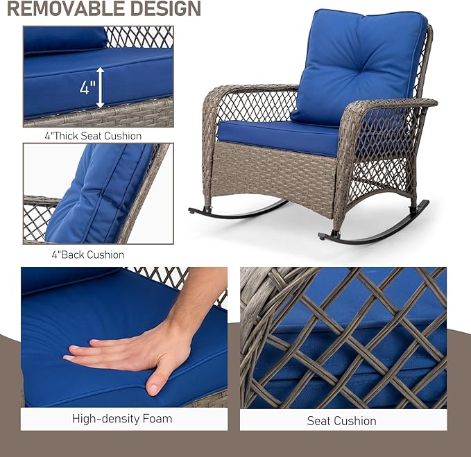 Outvita Outdoor Wicker Rocking Chair, Patio Rattan Rocker Chair w/Cushions & Steel Frame, All-Weather Rocking Lawn Wicker Furniture for Garden Backyard Porch Deck (Navy Blue)