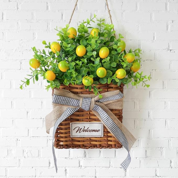 Yellow Lemon Wreath Summer Welcome Door Hanger Basket Wreath, Artificial Spring Summer Wreaths with Green Leaves Door Wreaths Farmhouse for All Seasons Outside Front Door Wall Home Decorations