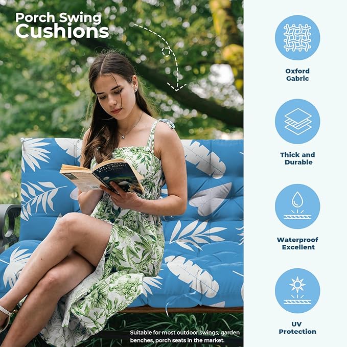 Porch Swing Cushions, Waterproof Patio Swing Cushions for Outdoor Furniture Thickened Outdoor Swing Bench Cushions 2-3 Seater Replacement with Ties for Patio Swing (Blue Leaf, 60x40 Inch)