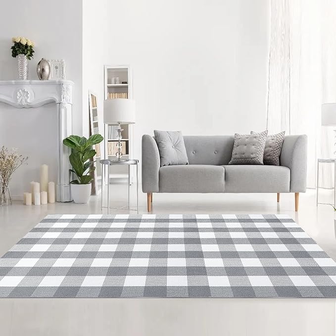 MUBIN Cotton Buffalo Plaid Rug, 4'x 6' Grey and White Outdoor Rug Front Door Decorative Mat, Hand-Woven Foldable Rug for Layered Door Mats Washable Carpet for Front Porch, Entryway, Farmhouse