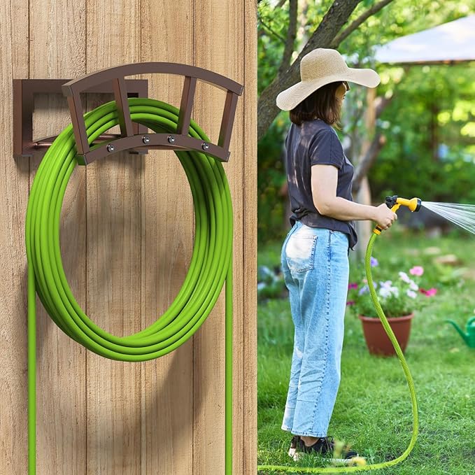 2 Pack Garden Hose Holder Wall Mounted, Outdoor Heavy Duty Metal Water Hose Holder Hanger Holds 125-ft Water Pipe, Sturdy Detachable Hose Storage Organizer Reel Rack for Outside Garden Lawn, Bronze