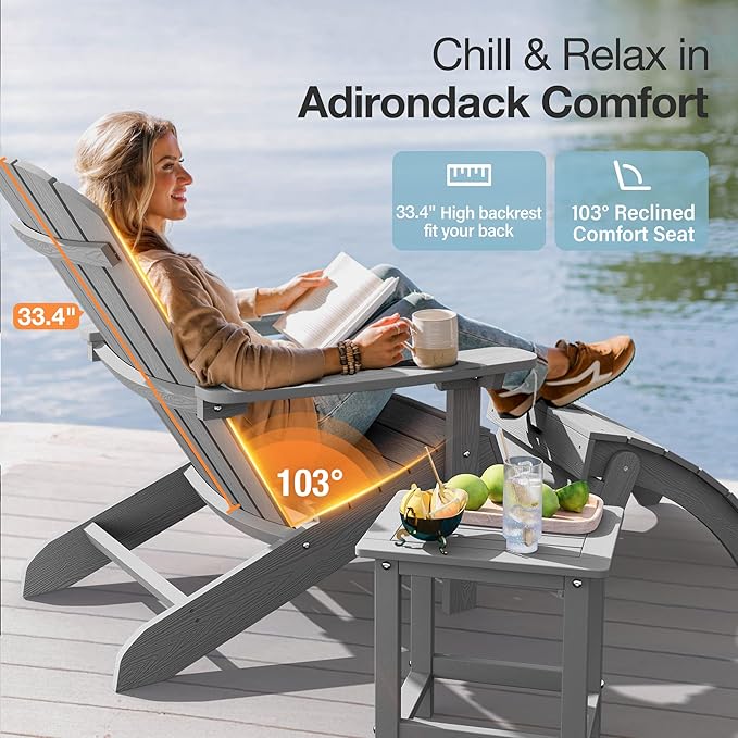 YEFU Adirondack Chairs Set of 4 Plastic Weather Resistant-Grey, Modern Poly Lumber Outdoor Chairs Like Real Wood, Widely Used in Outdoor, Patio, Deck, Outside, Fire Pit Garden, Campfire Chairs