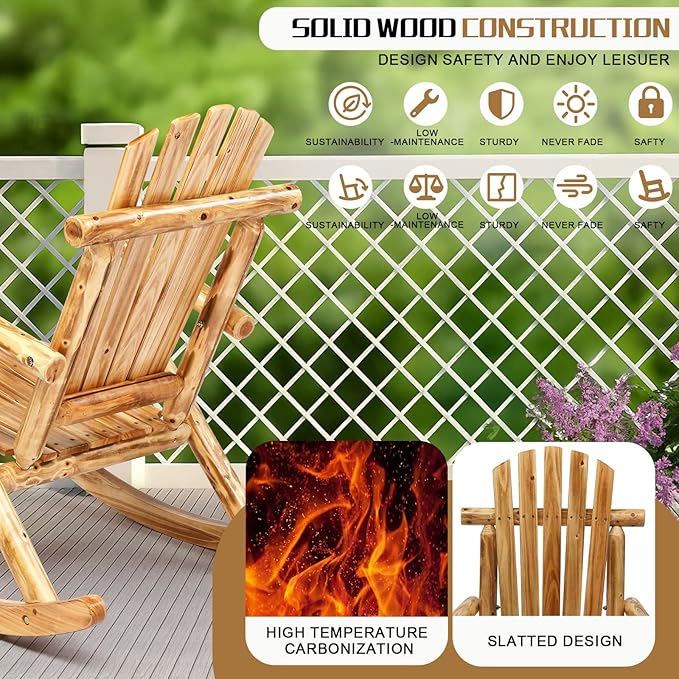 Outvita Wooden Rocking Chair, Fir Log Adirondack Rocker, Outdoor Wood Accent Furniture Lounge Chairs for Garden Patio Backyard Porch (Light carbonized)