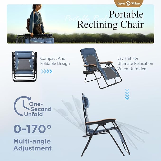 Sophia & William Oversized XXL Zero Gravity Chair Set of 2, Outdoor Recliner Zero Gravity Lounge Chair Outdoor Gravity Chair with Free Cup Holder, Supports 400 LBS (Blue)