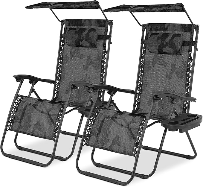 Magshion Zero Gravity Lounge Chairs with Canopy Set of 2, Outdoor Foldable Patio Reclining Chair, Adjustable Anti-Gravity Recliners with Headrest, Folding Lounger for Lawn Camping Beach, Camouflage
