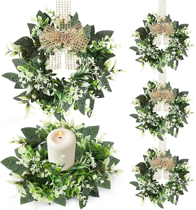 4 PCS Small Eucalyptus Leaves Cabinet Wreath Artificial Mini Spring Summer Greenery Kitchen Wreaths Vintage Swags Wreath with Retro Burlap Ribbon for Farmhouse Rustic Home Door Wedding Wall Decor