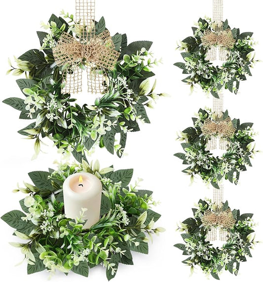 4 PCS Small Eucalyptus Leaves Cabinet Wreath Artificial Mini Spring Summer Greenery Kitchen Wreaths Vintage Swags Wreath with Retro Burlap Ribbon for Farmhouse Rustic Home Door Wedding Wall Decor