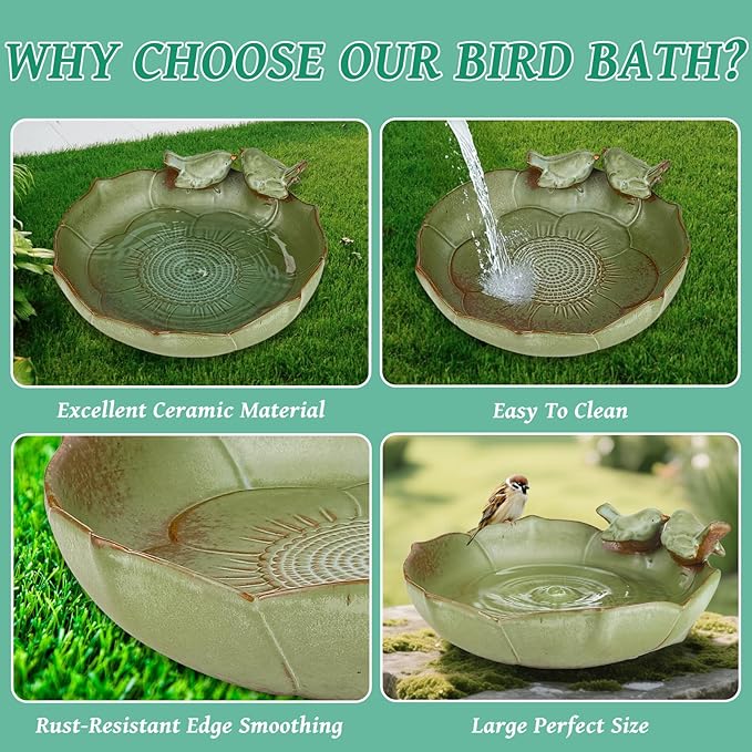 Ceramic Bird Bath Bowl for Outdoors, 9.45-Inch Ground & Tabletop Garden Decor, Weather-Resistant Birdbath for Deck, Balcony, Lawn - Easy Clean Bowl Only - Sage Color