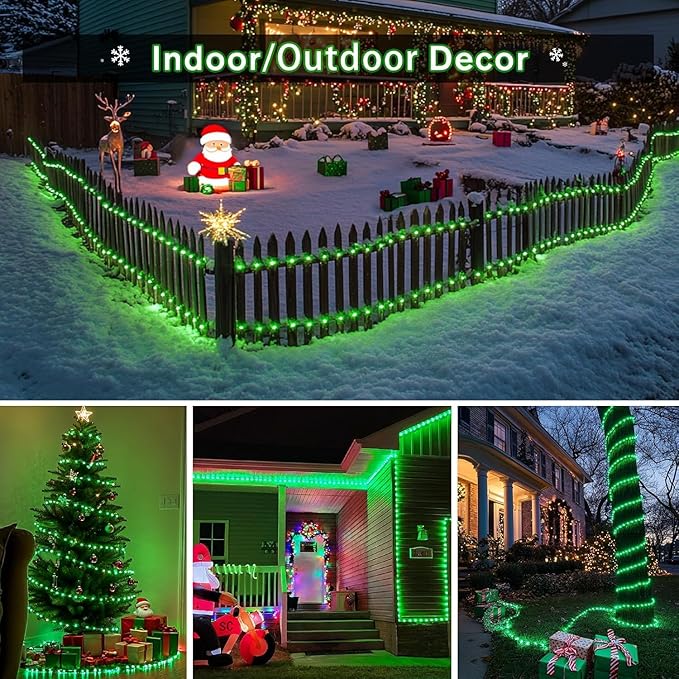 JMEXSUSS 2 Pack Green Rope Lights Battery Operated String Lights Outdoor Waterproof, Total 200LED 66ft Remote Battery Powered Christmas Light, Green Light for Patio St Patricks Day Decorations