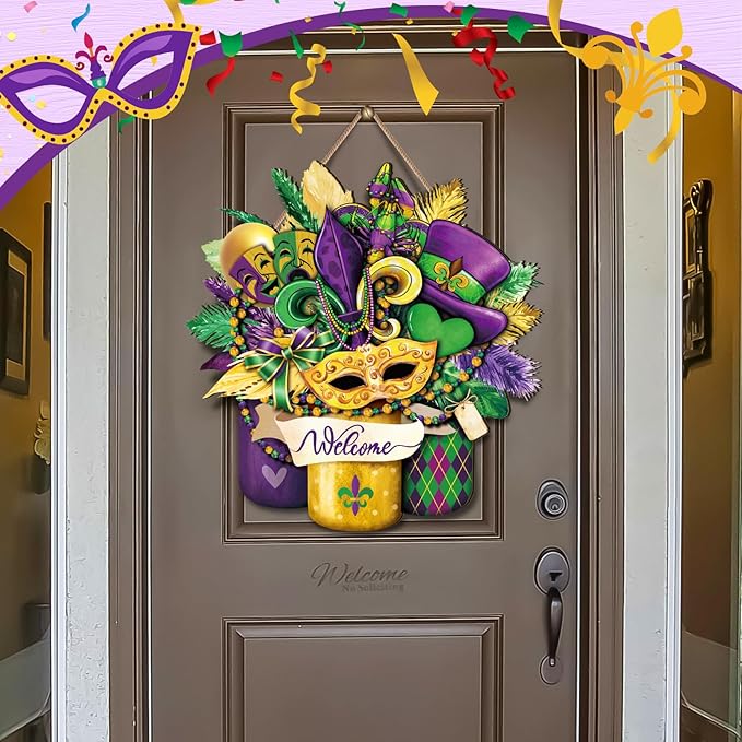 Boao Welcome Mardi Gras Door Decorations Mardi Gras Sign Hanging Decoration wall Hanger Masquerade Carnival Wreath for Outdoor Farmhouse Porch Front Door Decor
