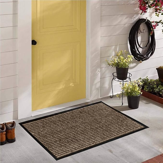LuxUrux Heavy-Duty Rubber Door Mat - Durable, Indoor/Outdoor, Easy-Clean, Waterproof, Low-Profile (23'' x 35'', Striped Brown) - Ideal for Patios, Garages, and High-Traffic Entryways