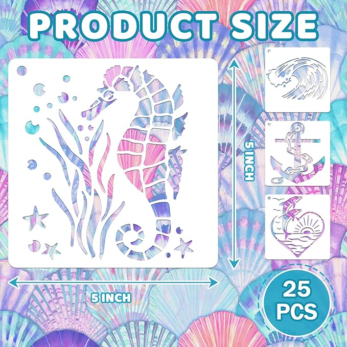 25 PCS Sea Ocean Creatures Stencils Reusable Sea Animal Templates for Painting, Mermaid Stencils for Scrapbooking Drawing Wood Wall Floor Furniture Rock Decor DIY Crafts Projects 5 x 5 Inch
