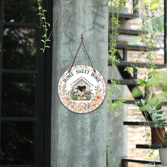 Spring Hanging Decor For Front Door, Birdhouse Home Sweet Home Round Sign Decor For Farmhouse Home Yard Porch, Hello Spring Decorations, Welcome Spring Wall Plaque Gifts For Friends Family -09