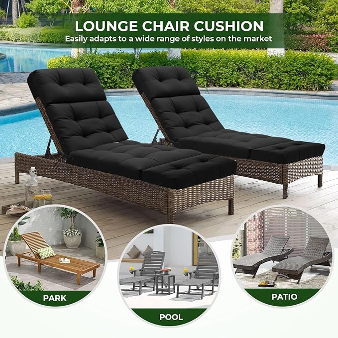 Outdoor Chaise Lounge Chair Cushion 74.4 x 22 x 4.7 Inches Non-Slip Lounge Chair Cushions for Outdoor Furniture with Ties, Patio Recliner Thickened Lounge Cushions for Indoor, Black