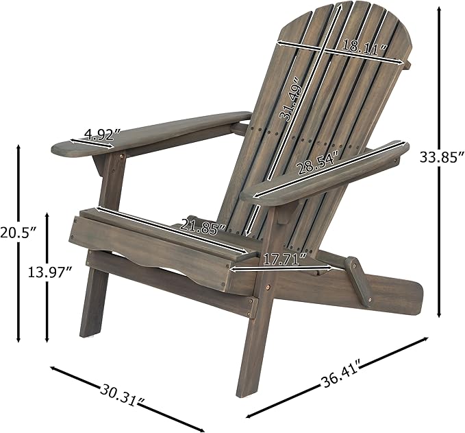 Merax Folding Adjustable Acacia Wood Adirondack Chairs, Water Proof Outdoor Wooden Fire Pit Lounge Reclining Chair for Yard, Garden, Patio, Gray