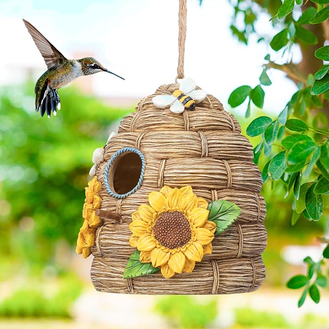 Resin Bird House for Outside, Birdhouses for Outdoors Bird Nesting, Decorative Bird Houses for Yard Garden Decor, Water Proof (Sunflower Thatch)