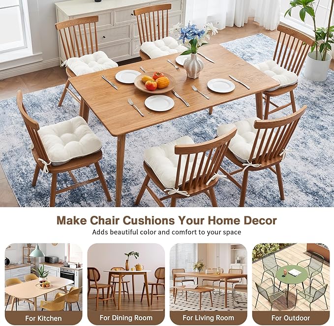 BETU White Chair Cushions for Dining Chairs Set of 6,3.5" Thick Kitchen Table Chair Pads with Ties,Non Slip Backing and Covers, Seat Cushion for Dining Room,Bar,Patio Chairs,16"X16"X3.5",White