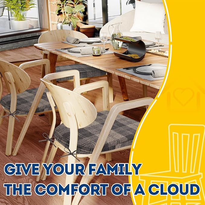 AAAAAcessories D-Shaped Chair Cushions, 2" Thick Dining Chair Pads with Ties and Removable, Machine-Washable Cover, 17" x 16", Set of 8, Brown Checkered