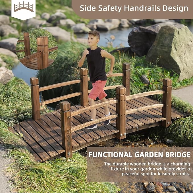 Wood Garden Bridge Classic Wooden Arch Stained Finish Footbridge with Safety Railings, 530 lbs Capacity, Decorative Pond Bridge Landscaping for Outdoor Yard Farm Garden Creek Ponds, Carbonized