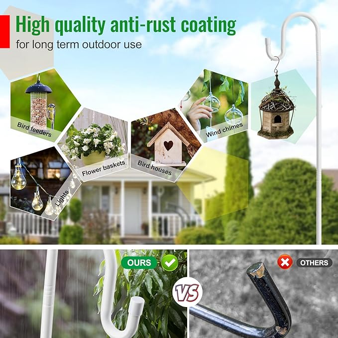 Bird Feeder Pole with Shepherd’S Hook - 78" Heavy Duty Hummingbird Stand with 5-Prong,Rustproof Bird Feeder Hangers for Outside Hanging Birdfeeders, Wind Chimes, Lanterns, Solar Lights - White