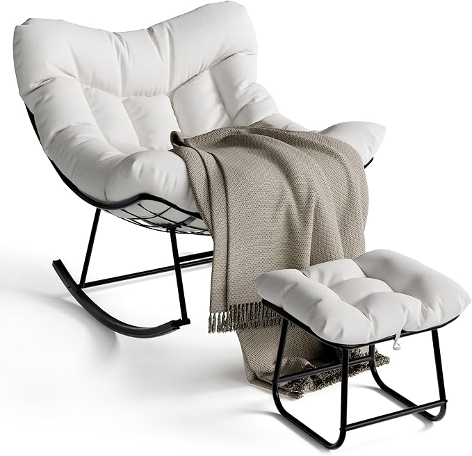 GarveeLife Outdoor Oversized Papasan Rocking Chair with Footrest, Patio Lounge Chair with Ottoman and Sturdy Metal Frame, Patio Rattan Egg Rocker for Balcony Backyard Porch Bedroom, White