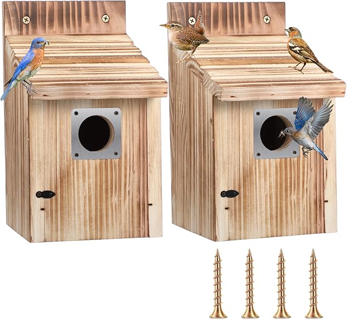 Dreyoo 2 Pack Cedar Bluebird Box Houses for Outside, 1-1/2” Entrance Hole Wooden Bird Houses with Metal Predator Guard, Secure Latch, Fledgling Grooves, Air Vents for Bluebird Wren Swallow Finch