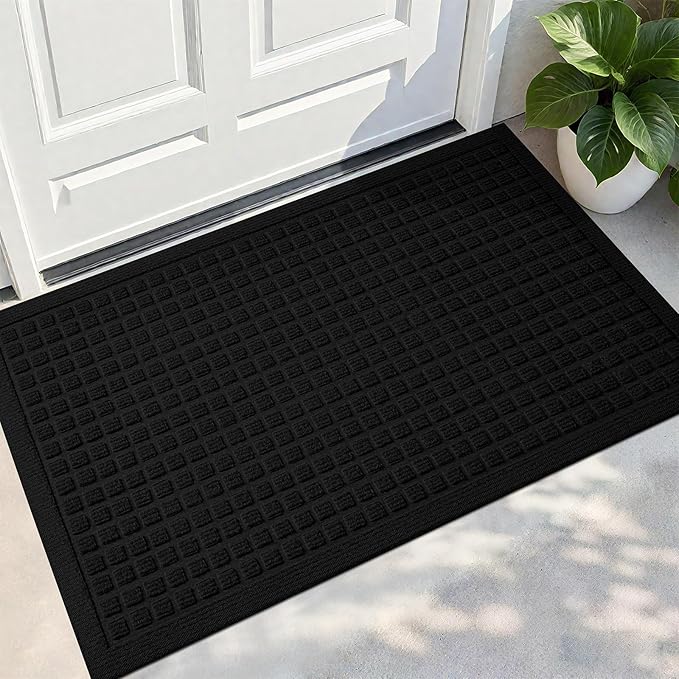 PLEASOR Front Door Mat Indoor Outdoor Entrance, Dirt Resistant and Absorbent Doormat, Sturdy Non-Slip Backing Entry Mat, Fade Resistant, Easy Clean Low-Profile Entryway Mat, 29x17, Black