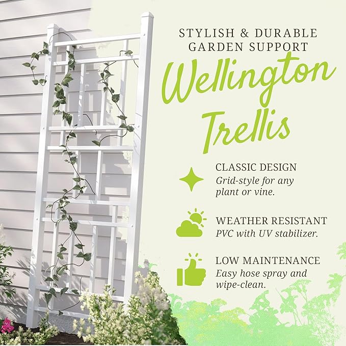 Dura-Trel Wellington 28 by 75 Inch Indoor Outdoor Garden Trellis w/Ground Anchors, Plant Support for Vines, Climbing Plants, & Vegetables, White