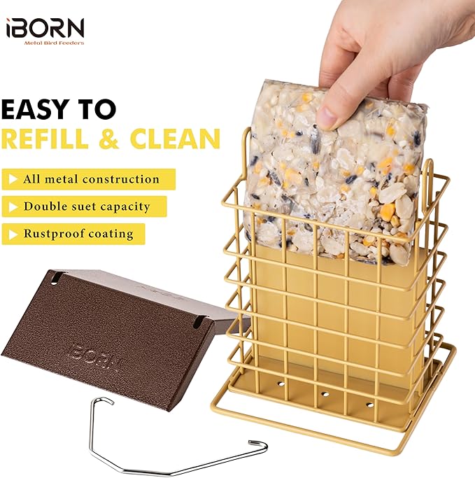iBorn Suet Feeder for Outside Hanging,Suet Bird Feeders for Outdoors,Suet Holder with Squirrel Proof Hanger Hook,Suet Cage Bird Feeders,Woodpecker Feeder,Weatherproof Metal Roof,1 Pack,Muted Yellow