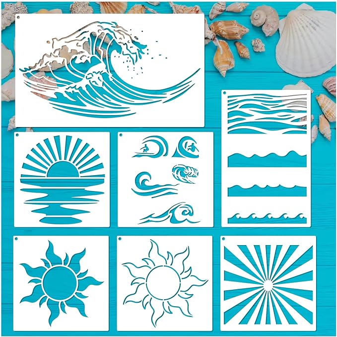yhslmh Beach Wave Stencils for Painting on Wood Reusable Canvas Nautical Sunrays Stencil for Crafts Kids Art Projects Drawing Card Making Pattern for Wall Decorative (Sunrays Wave)