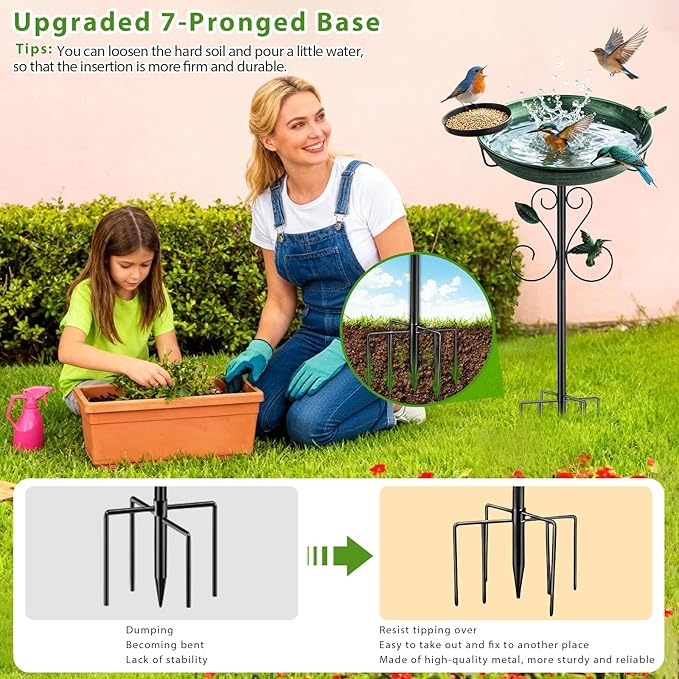 35" Tall Metal Bird Bath for Outdoors with Small Bird Feeder Bowl, 2" Deep 12" Dia Removable Bird Baths for Easy to Clean and Refill, Upgraded 7-Prong Base for Garden, Yard & Lawn (Green)