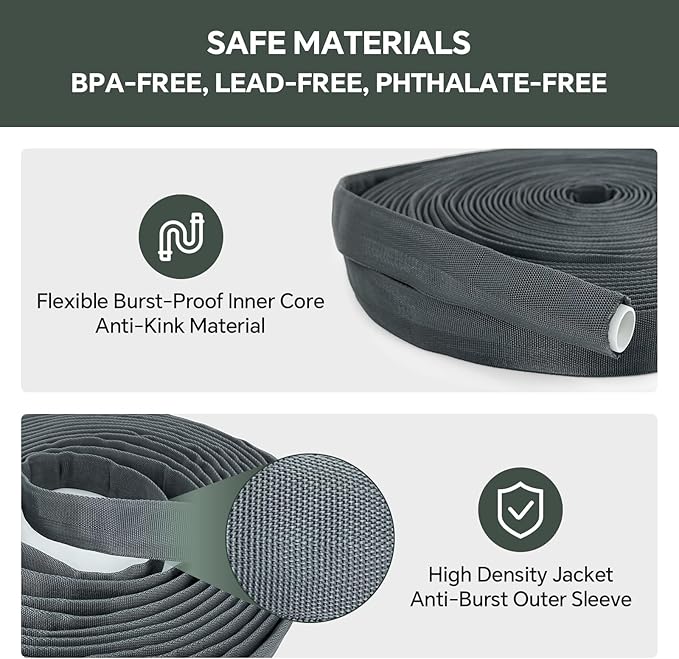 75ft Non-Expanding Garden Hose – Ultra-Light, Kink-Free, High-Pressure, Abrasion-Resistant, Durable, All-Weather, Eco-Friendly, Black&Gray