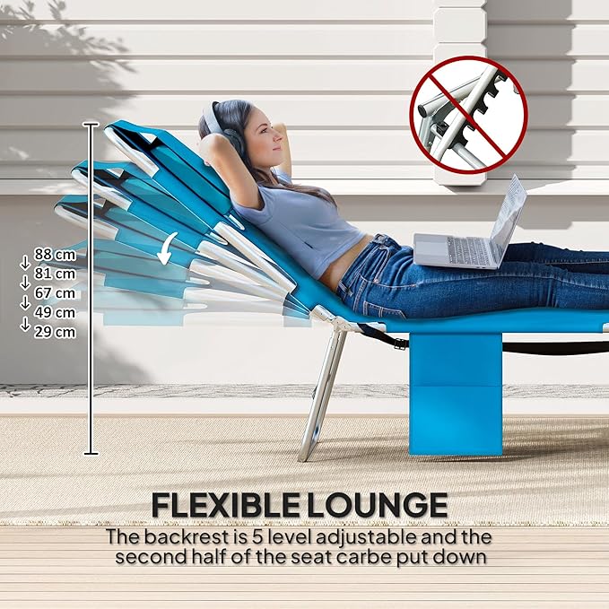 Outsunny Chaise Lounge Chair Outdoor with Face Arm Hole, 5-Position Reclining Face Down Tanning Chair with Carry Strap, Side Pocket, Portable Folding Bed Cot for Patio Beach Pool, Light Blue