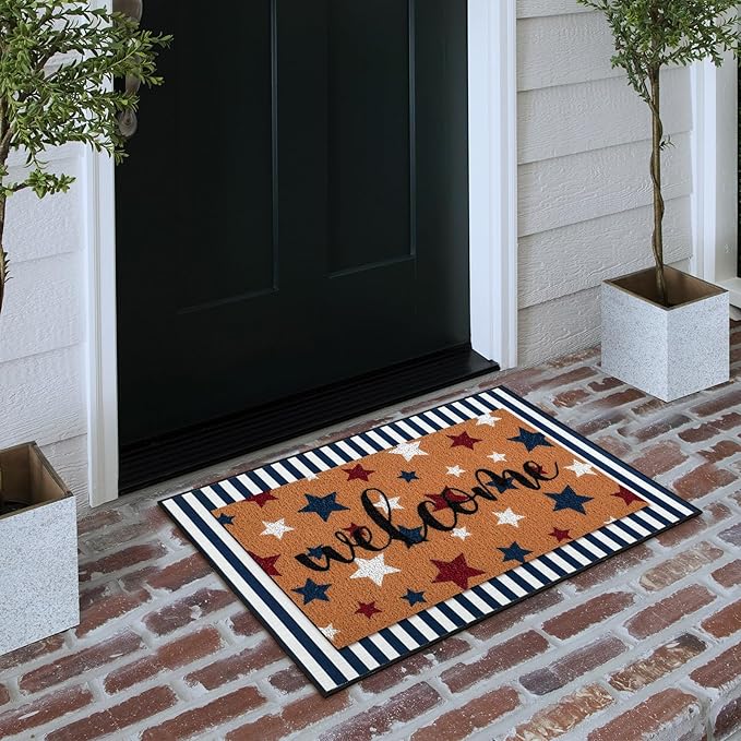 Tinideya 2 Pcs 4th of July Door Mat Patriotic Welcome Non Slip Coir Mats Red Blue White Independence Day Star Stripe Floor Layering Doormats Seasonal for Front Porch Entryway Decor(Patriotic)