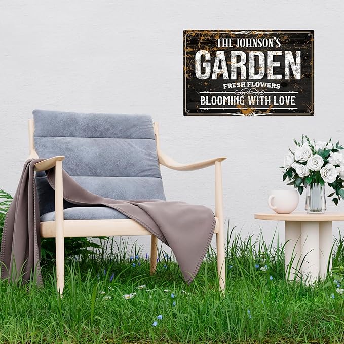 Custom Garden Blooming with Love Sign, Personalized Name for Backyard/Flower Garden Décor Sign, 12x18 Inches, Rust Free .063 Aluminum, Fade Resistant, Made in USA by Sigo Signs