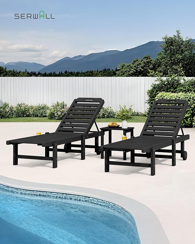 SERWALL Patio Chaise Lounge Chair, HDPE Outdoor Lounge Chair with Cup Holder, 5 Positions Adjustable Poly Lounger with Rolling Wheels for Poolside, Deck, Sunbathing, Black