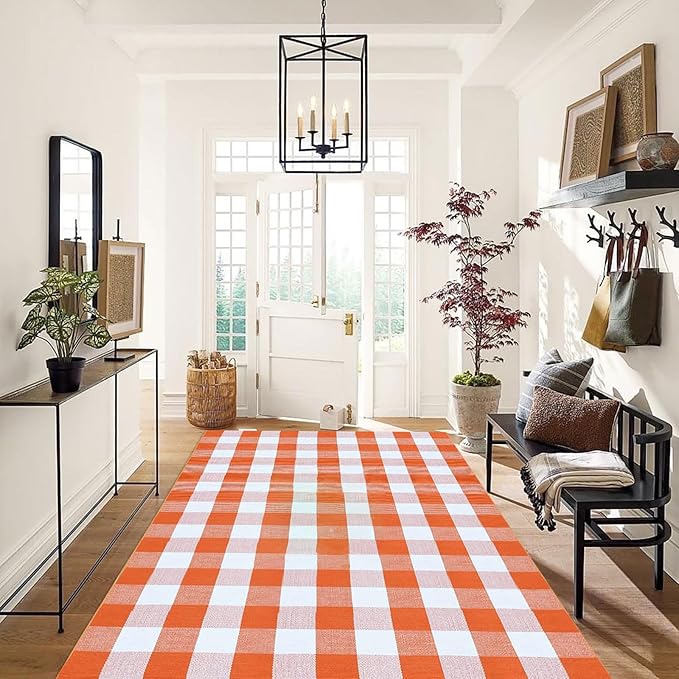 Fall Outdoor Rug Orange Buffalo Plaid Outdoor Rug Cotton Hand-Woven Buffalo Check Rug Layered Doormats for Front Door/Front Porch/Farmhouse/Entryway/Patio