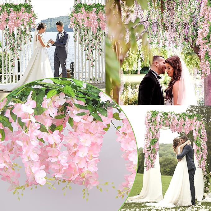 Findosom Wisteria Artificial Flowers Garland, 5Pcs Total 36FT Pink Wisteria Hanging Flowers, Flower Garland Decorations for Home Garden Outdoor Ceremony Wedding Arch Decoration