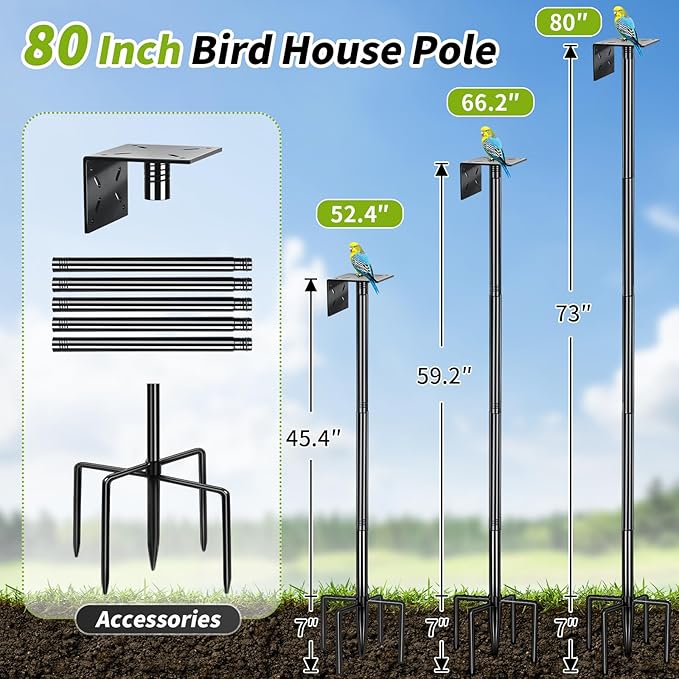 Bird House Pole, 80 Inch Bird Feeder Pole Stand with 1-Inch Dia Heavy Duty Birdhouse Pole Mount Kit for Outdoors Smart Birdhouse, Weather Station