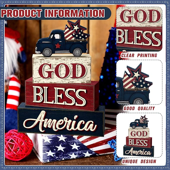 4 Pcs 4th of July Patriotic Table Decor Memorial Day Red White Blue Truck Wood Sign Rustic God Bless America Tabletop Centerpiece Block Independence Day Tiered Tray Decor for Home Office Shelf