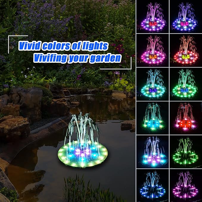 Solar Bird Bath Fountains Upgraded, 4W Solar Powered Water Fountain Pump with 4000 Battery, 7 Nozzles & 4 Fixers, Colorful LED Lights for Garden, Swimming Pool, Pond, Fish Tank and Outdoor