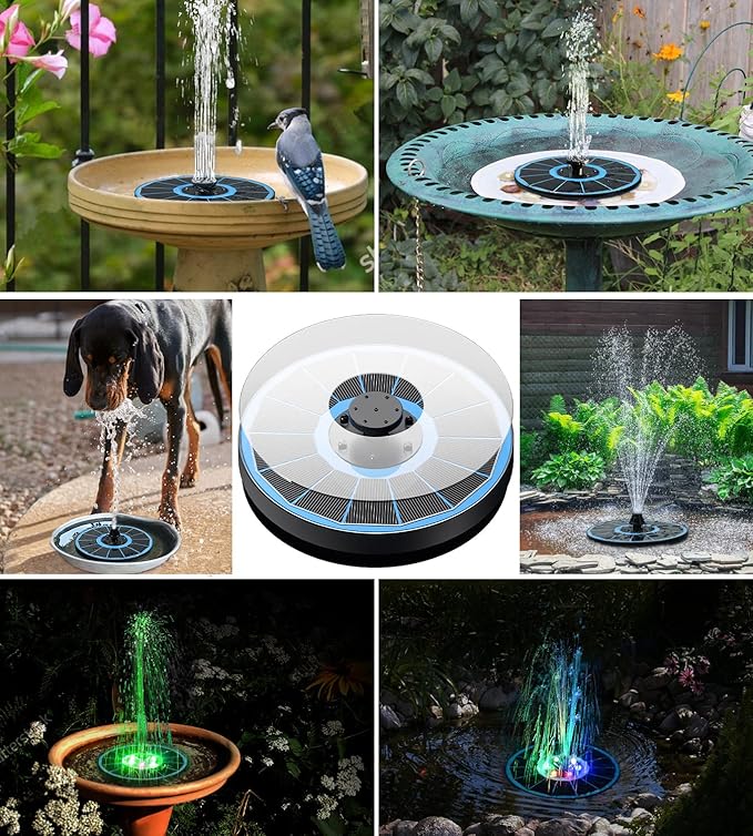 Yzert Solar Fountain Glass Panel with 2200 mah Battery, 3.5W Floating Solar Water Fountain with 4 Fixed Rods, Solar Pump for Bird Bath, Garden, Pond, Pool, Outdoor (Blue Panel Colorfu Lights)