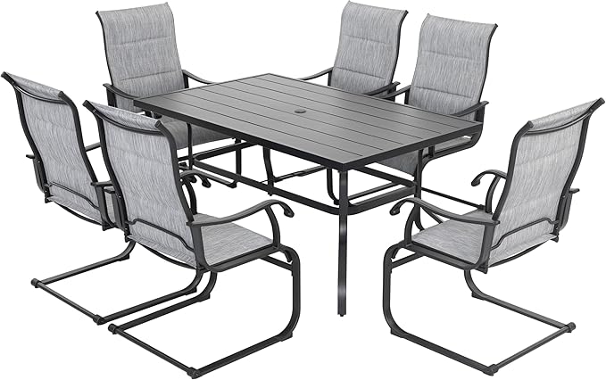NUU GARDEN 7 Piece Outdoor Dining Set, 6 All Weather Padded Textilene Patio Chairs and 61" Rectangular Dining Table with 1.57" Umbrella Hole, for Patio, Garden, Light Grey and Black