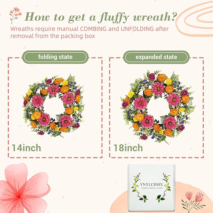YNYLCHMX 18 inch Spring/Summer Front Door Ring Wreath, Simulated Colorful Daisy Petals, Suitable for Wall Window Farm Parties, Festivals, Home Decoration