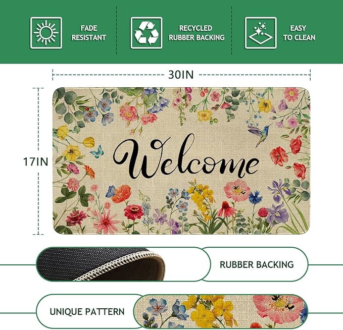 Spring Floral Decor Welcome Entrance Door Mat, Hello Summer Flower Home Decoration Non-Slip Indoor Outdoor Front Doormats Rug 17 x 30 Inch