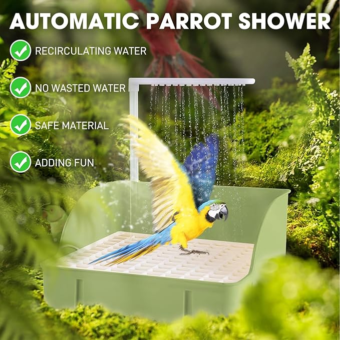 Automatic Bird Bath Large Bird Shower Circulating Large Parrot Bathtub Fountain for Parakeet, Cockatiel, Conure, Budgie, Lovebird, African Grey (Green)